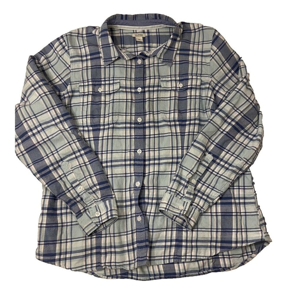 LL Bean Women's Sz Large Long Sleeve Flannel Button Up Shirt Plaid Green Blue